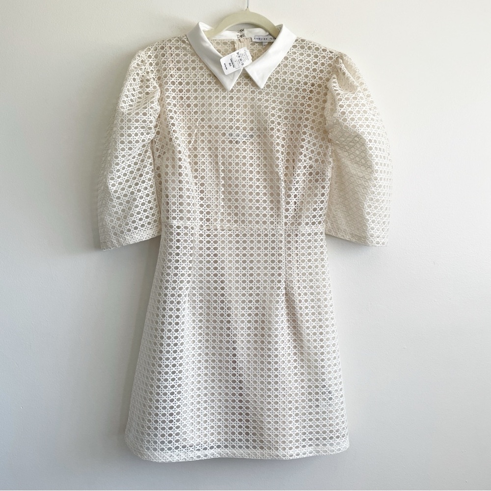 New English Factory sheer preppy dress puff sleeves collared coquette M sorority